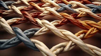 Business metaphor for joining a partnership synergy and cohesion as diverse ropes connected. copy space.