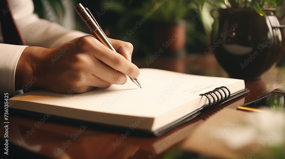 Poster man hands with pen writing on notebook in the office.learning, education and work.writes goals, plan