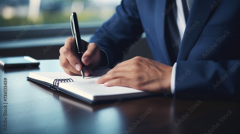 Poster man hands with pen writing on notebook in the office.learning, education and work.writes goals, plan