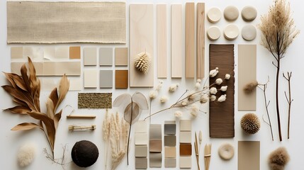 Sustainable Natural Materials and Textures Collage. variety of sustainable materials in neutral tones, including wood, dried plants, and textiles. - obrazy, fototapety, plakaty