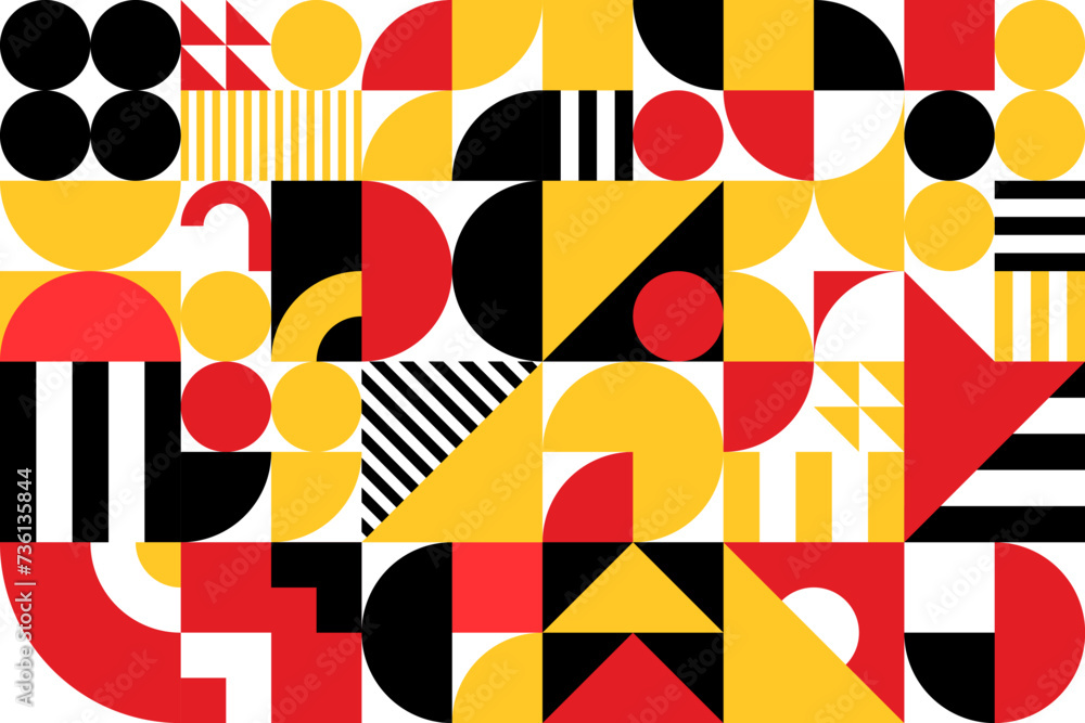 Poster Yellow, red and black abstract modern geometric pattern in Bauhaus art, vector background. Geometric design or Bauhaus style mosaic pattern with minimal simple shapes and retro colors for trendy print