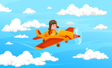 Boy kid flying on plane or child pilot on airplane in cloudy sky, cartoon vector background. Kid pilot flying on propeller plane in aviator helmet with goggles for boy aviation dream or kid game