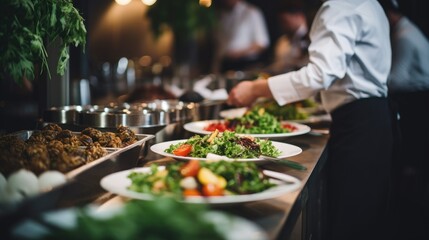 Obraz premium A bustling catering event, with chefs preparing exquisite dishes in an open kitchen. Catering buffet food indoor in restaurant