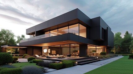 Modern luxury minimalist cubic house, villa with wooden cladding and black panel walls and landscaping design front yard. Copy space for text.
