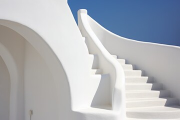 White Stairs Leading to Terrace in the Beautiful Mediterranean Island of Santorini, Greece - obrazy, fototapety, plakaty