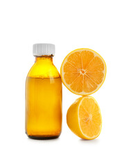 Cough syrup with lemon on white background