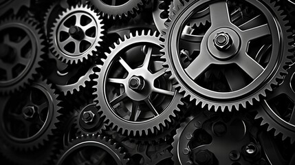 Retro black and white background of industrial cogs or gears with movement