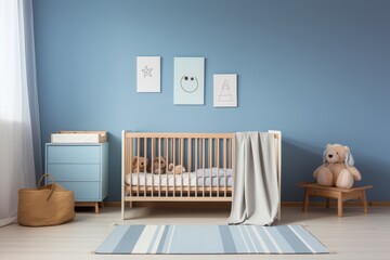 Blue baby bedroom with cot and rug.