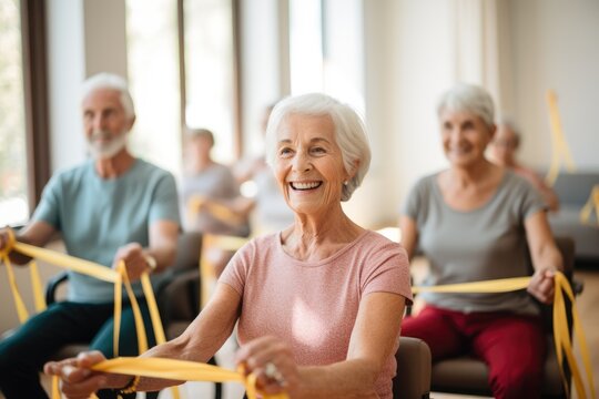 Seniors doing exercise seated with exercise bands