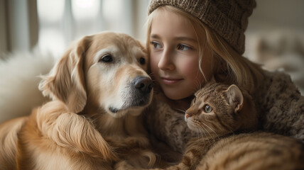 animal love, a girl hugs her cat and dog
