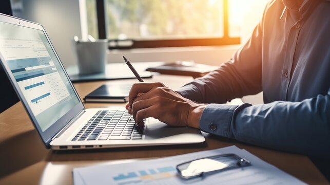 Person working with documents on desk, accountant checking company budget accounting documents, auditing financial statements.