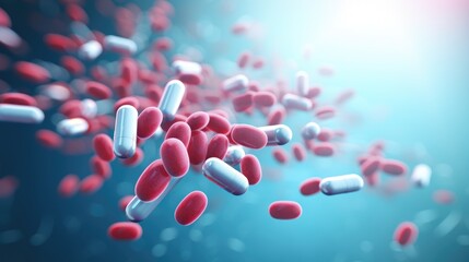 Helpful Pill Capsules: Medicine Falling in 3D Illustration. Antibiotics for Drug Resistance - obrazy, fototapety, plakaty
