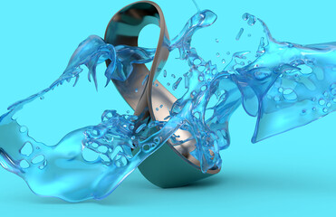 Abstract blue paint splashes in Möbius strip wallpaper, blue background of blue paint splashes in the foreground, virtual dynamic splash, fantastic panoramic wallpaper, splashes concept, 3D rendering
