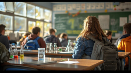 close-up,high school classroom scene with students' backpacks, scientific experiments on desks - obrazy, fototapety, plakaty