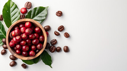 Isolated set of coffee berries, beans and coffee cherries from arabica coffee. This file has clip paths separate object easy to useful for works like menu design, brochure, magazine, food business. - obrazy, fototapety, plakaty