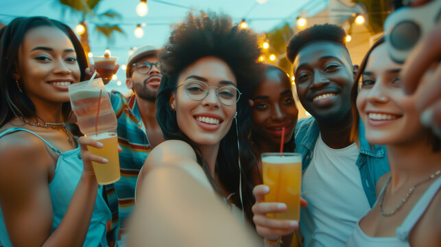 Point of view shot of young people multiethnic group taking selfie and holding camera, men and women are looking at camera, smiling and posing with drinks at rooftop party