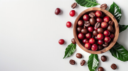 Isolated set of coffee berries, beans and coffee cherries from arabica coffee. This file has clip paths separate object easy to useful for works like menu design, brochure, magazine, food business. - obrazy, fototapety, plakaty