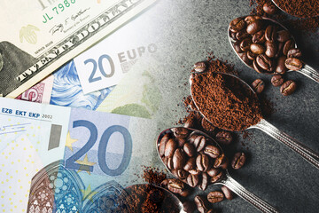 Coffee prices texture. Price of beans. Coffee seeds export. Money banknotes. Euro and dollar currency. Black morning coffee beans. Cash payment. Coffee industry background. Cost of roasted seeds.