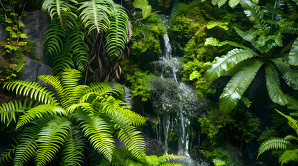 Enchanting Flora Macro: Close-Up Shot Revealing Intricate Details of Moss and Ferns Near Waterfall
