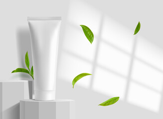 Realistic white cosmetic cream tube mockup on podium with green leaves, vector background. Cosmetics and skincare ad template with face cream or moisturizer and lotion tube container on podium