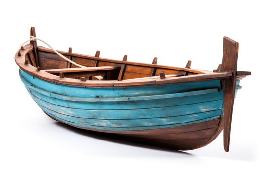Wood Boat Isolated on White Background. Wooden Fishing Vessel in Blue and Green Colours with Dark
