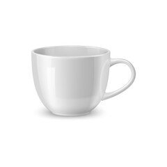 Realistic white ceramic coffee mug and tea cup, tableware mockup. Isolated 3d vector minimalist design of low, wide cup with a comfortable rounded handle, perfect for showcasing brand identity