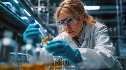 A focused female scientist examines yellow liquid samples in a vial in a high-tech lab. - obrazy, fototapety, plakaty