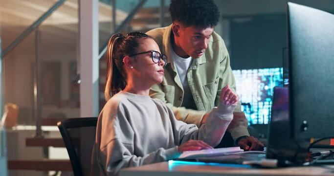 Man, woman and computer for help with coding with collaboration for futuristic, technology or software development. Teamwork, colleagues and support for online innovation, cloud computing or night