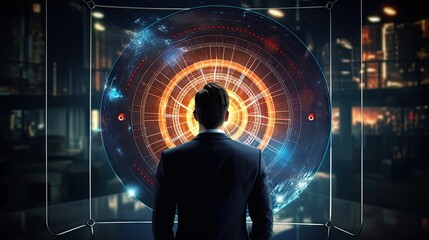 Businessman aims arrow at a virtual target dartboard, precision in setting objectives for business investments visualizes strategic approach to achieving goals and hitting targets in business - obrazy, fototapety, plakaty