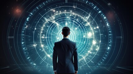 Businessman aims arrow at a virtual target dartboard, precision in setting objectives for business investments visualizes strategic approach to achieving goals and hitting targets in business