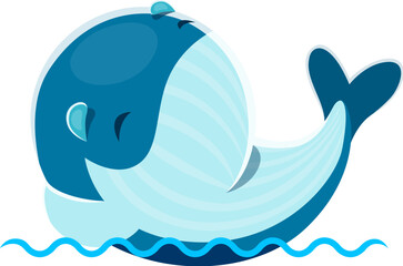Cartoon cute kawaii whale character. Isolated vector charming sea animal blissfully reclines on gentle waves, wearing contented expression. Its adorable features evoke a sense of relaxation and whimsy