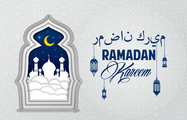 Fototapeta na wymiar Ramadan Kareem paper cut banner with Muslim mosque in Arabian arch window, vector background. Islam religious holiday greetings in Arabic letters with lantern lamps, crescent moon and stars in night
