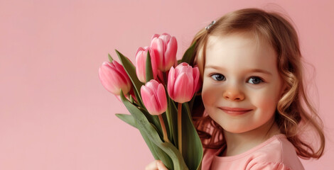 Obraz na płótnie Canvas little girl with tulips on a pink background,