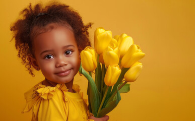 little girl with tulips on a yellow background