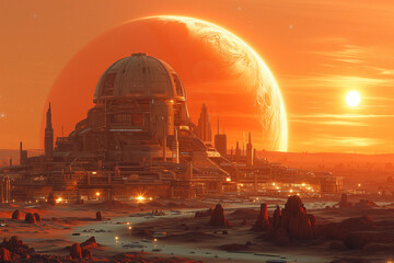 Obraz premium Space colony on distant exoplanet, where humans have successfully established a self-sustaining community, alien landscape