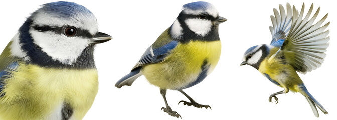 Blue tit bird collection, portrait, standing and flying, isolated on a transparent background