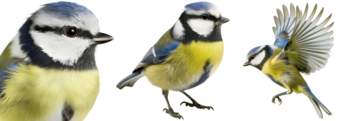 Blue tit bird collection, portrait, standing and flying, isolated on a transparent background