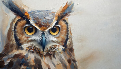 Oil painting of a owl head on pure white background canvas, copyspace on a side - obrazy, fototapety, plakaty