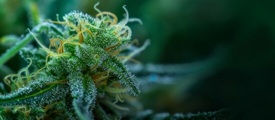 Macro shot of a healthy and vibrant cannabis plant with crystal-like trichomes under sunlight