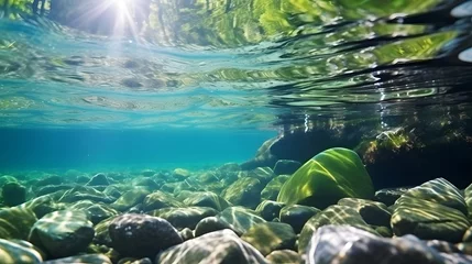 Zelfklevend Fotobehang underwater of river natural landscape with stone pebble and water tree leaf flow in water beautiful nature background  © Ziyan