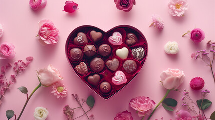 Romantic Heart-Shaped Box of Assorted Chocolates Surrounded by Red Roses and Scattered Rose Petals, Expression of Love for Valentine's Day or Anniversaries, Traditional Gesture of Romance and Affectio