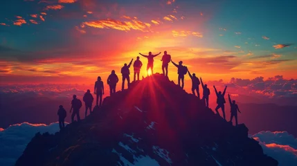 Tuinposter Silhouette back group of man team celebrating success on top mountain, sky and sunset background. Business, teamwork, achievement and person concept. Vector illustration. © Polpimol