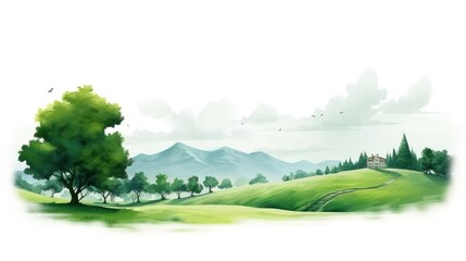 Fototapeta premium green landscape isolated on white background, nature, mountain, trees, sky, forest, background, hill, watercolor, scenery, morning, summer, travel, recreation, relax