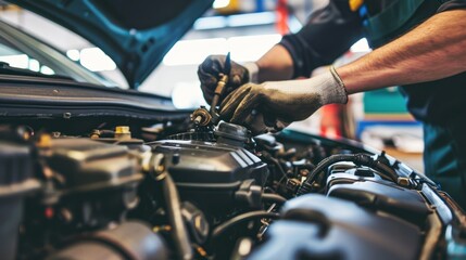 mechanic is doing the annual car inspection. Car repair shop is ready to serve. Car mechanic inspects car engine problems technical inspection engine safety Maintenance Changing the engine oil - obrazy, fototapety, plakaty