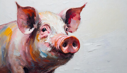 Oil painting of a pig head on pure white background canvas, copyspace on a side