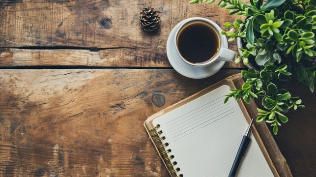 goals list with notebook, coffee cup, plant on wooden table. Resolutions, plan, goals, action, checklist, idea, notebook, wood, book, paper, nature, desk, business, spring, summer