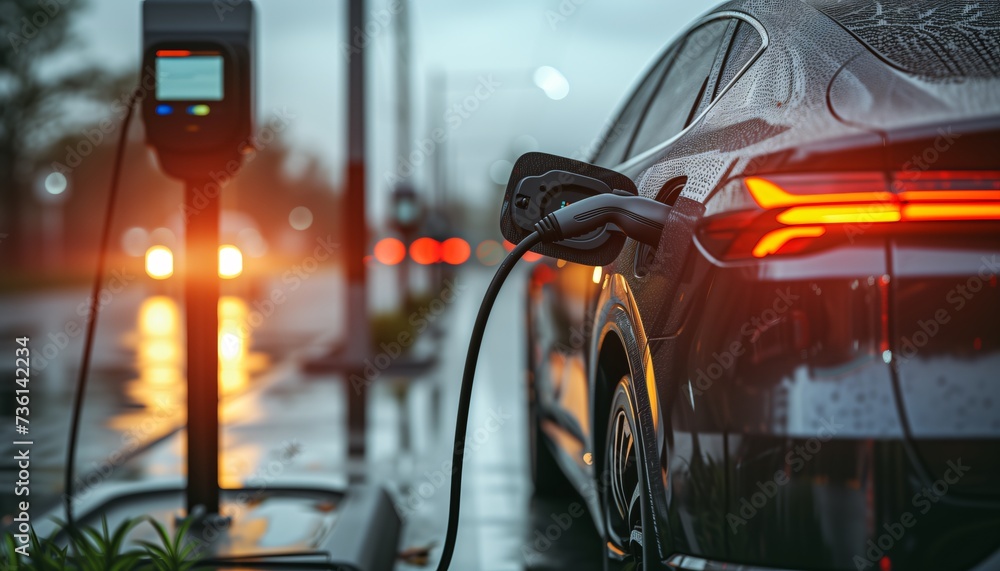 Sticker electric car charging at dusk in rainy weather