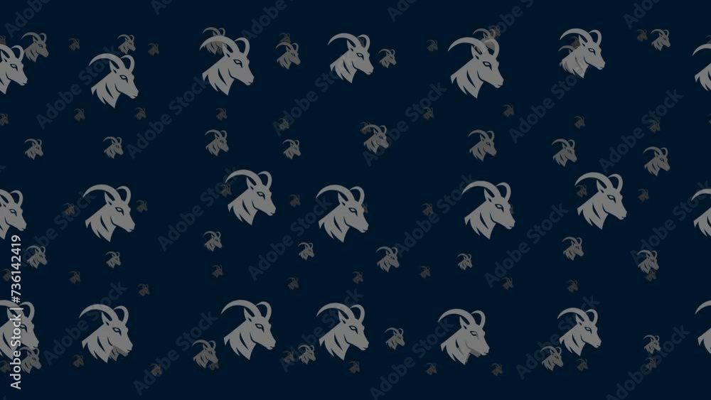 Poster Goat's head symbols float horizontally from left to right. Parallax fly effect. Floating symbols are located randomly. Seamless looped 4k animation on dark blue background