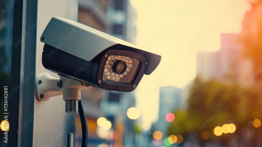 Poster a security camera mounted on the side of a building. suitable for surveillance and monitoring purpos