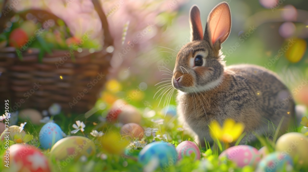 Poster a rabbit sitting in the grass near a basket of eggs. perfect for easter-themed projects and springti